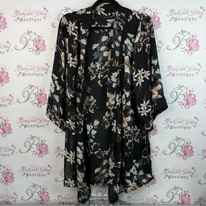 Tahari cardigan open waterfall flowers floral Black and Cream Floral Cardigan